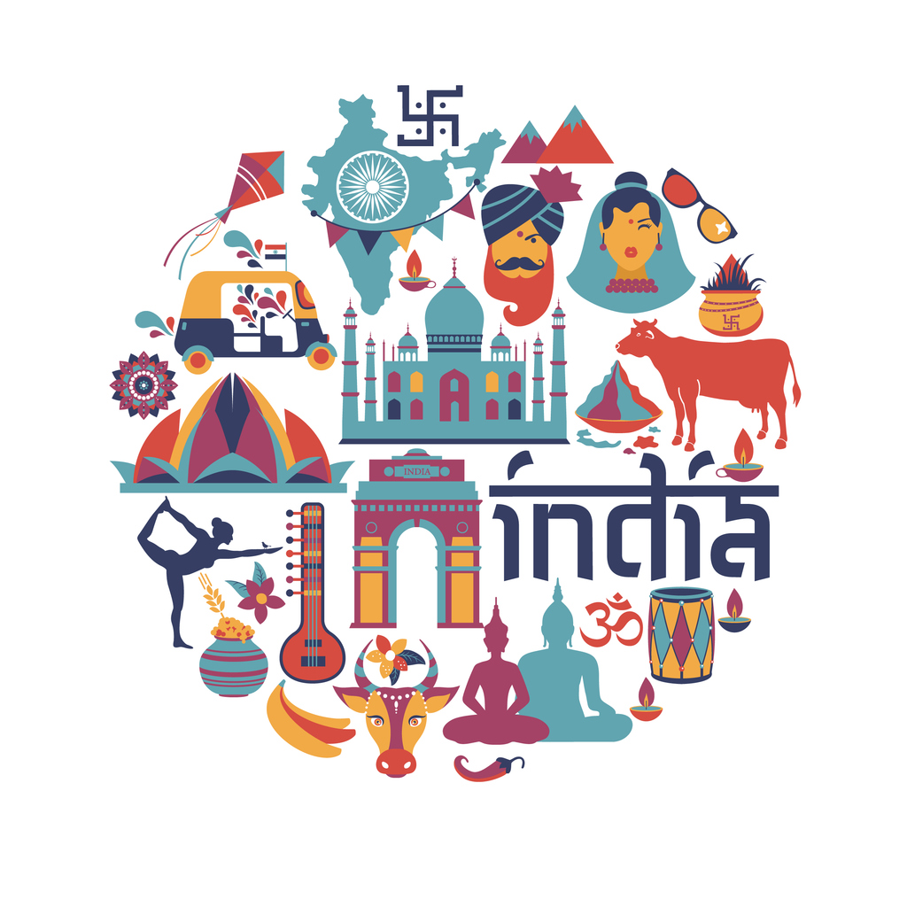 India-set-Asia-country -vector-Indian-architecture-Asian-traditions-buddhism-travel-isolated-icons-and-symbols